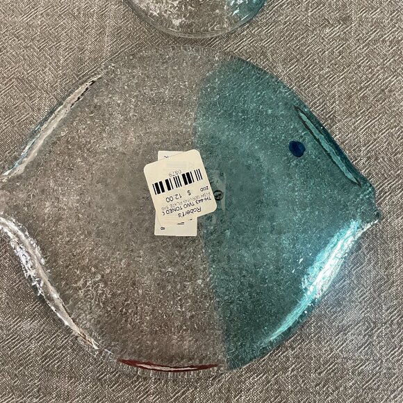Set Of Aqua Blue & Clear Textured Art Glass Fish Plates By Zodax Vintage New! - Picture 6 of 6